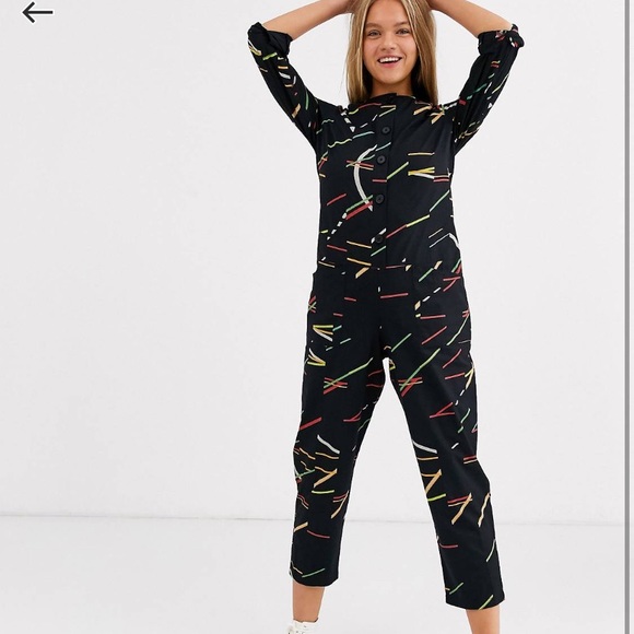 ASOS Design Lounge long sleeved button front jumpsuit in multicoloured geo - Picture 4 of 6